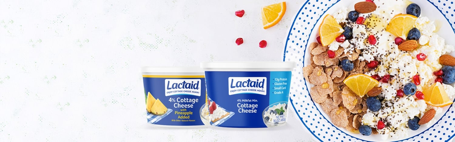 Cartons of Lactaid cottage cheese, plate of cottage cheese with fruits